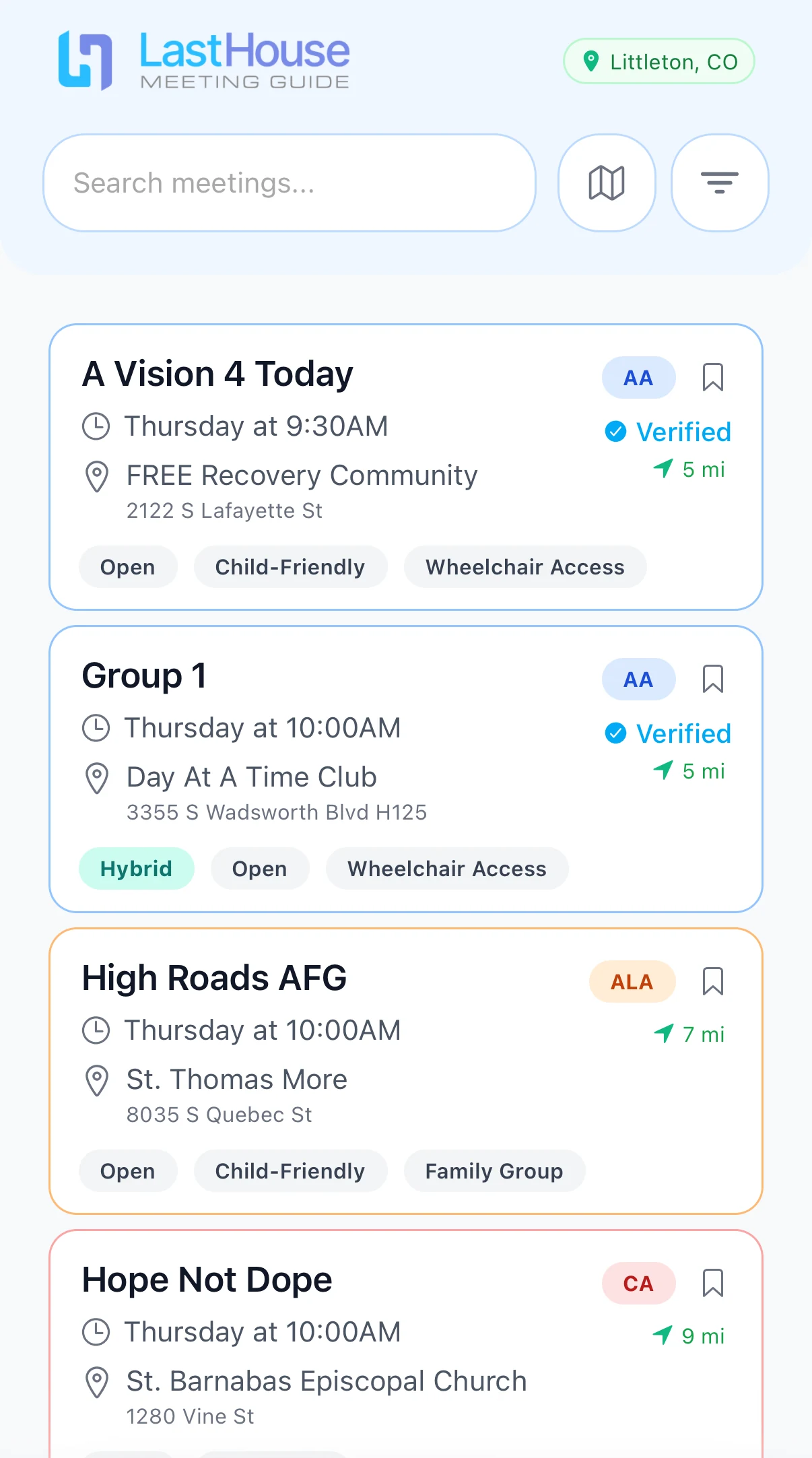 LastHouse home screen listing nearby meetings