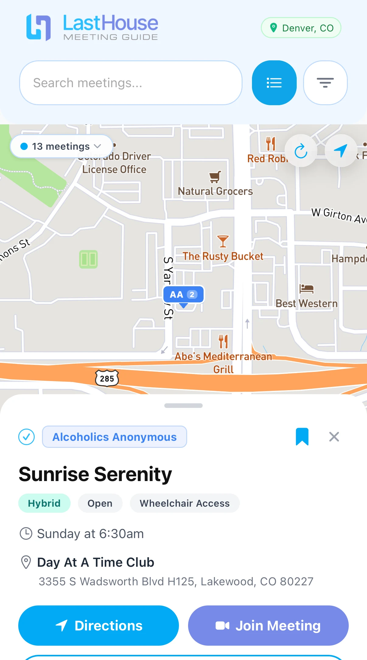 LastHouse map with a meeting card for Sunrise Serenity in Lakewood