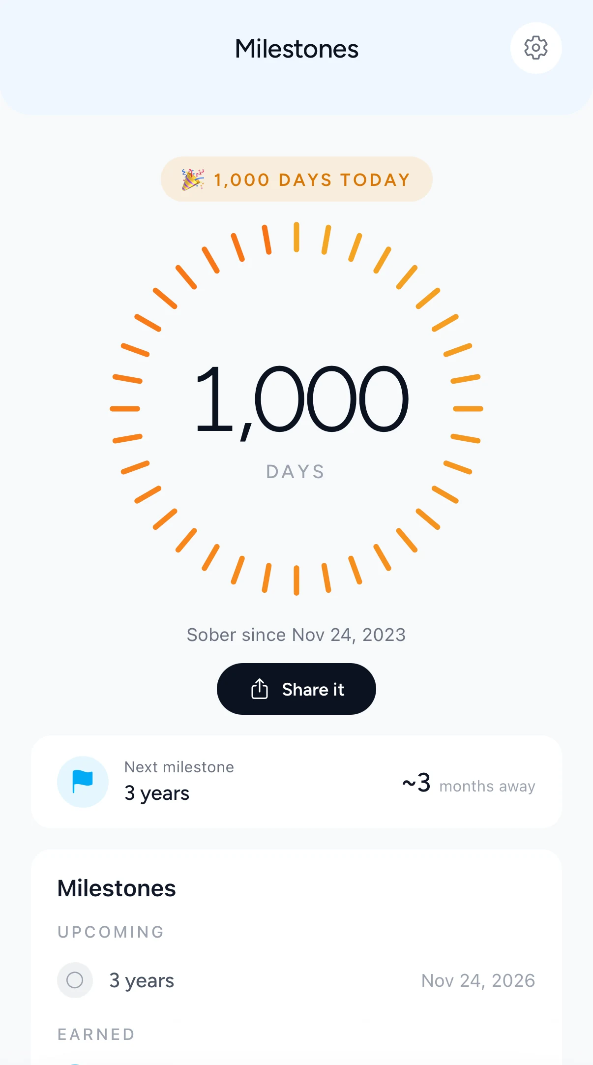 LastHouse Milestones screen celebrating 1,000 days