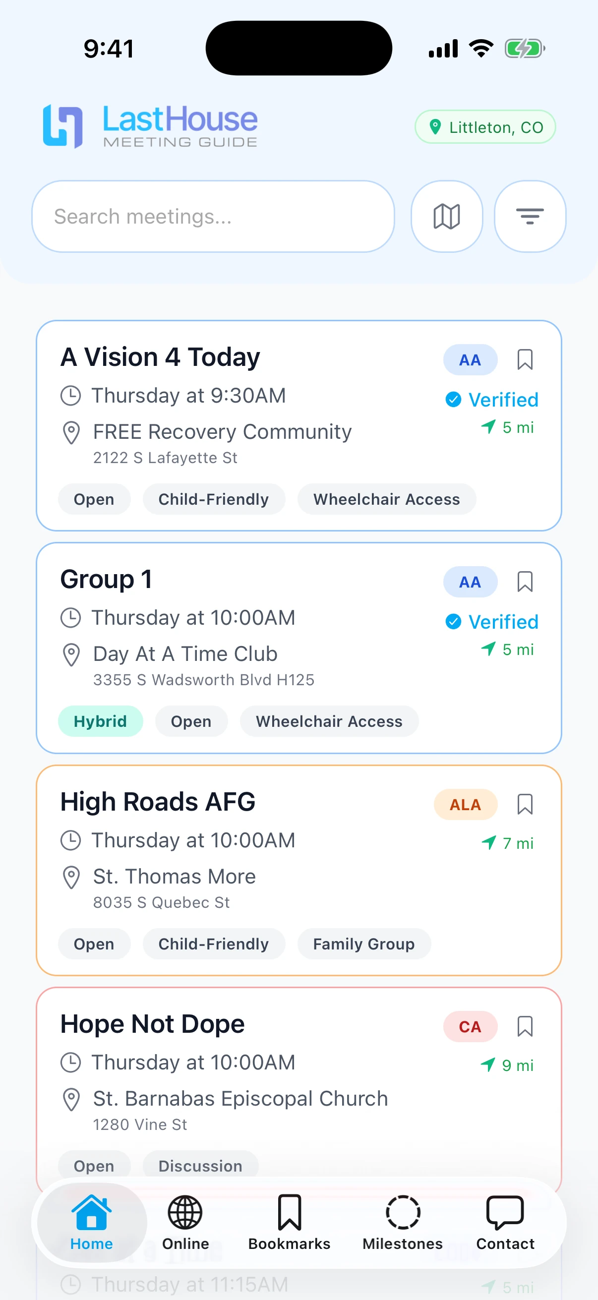 LastHouse home screen listing nearby meetings with program badges and distances