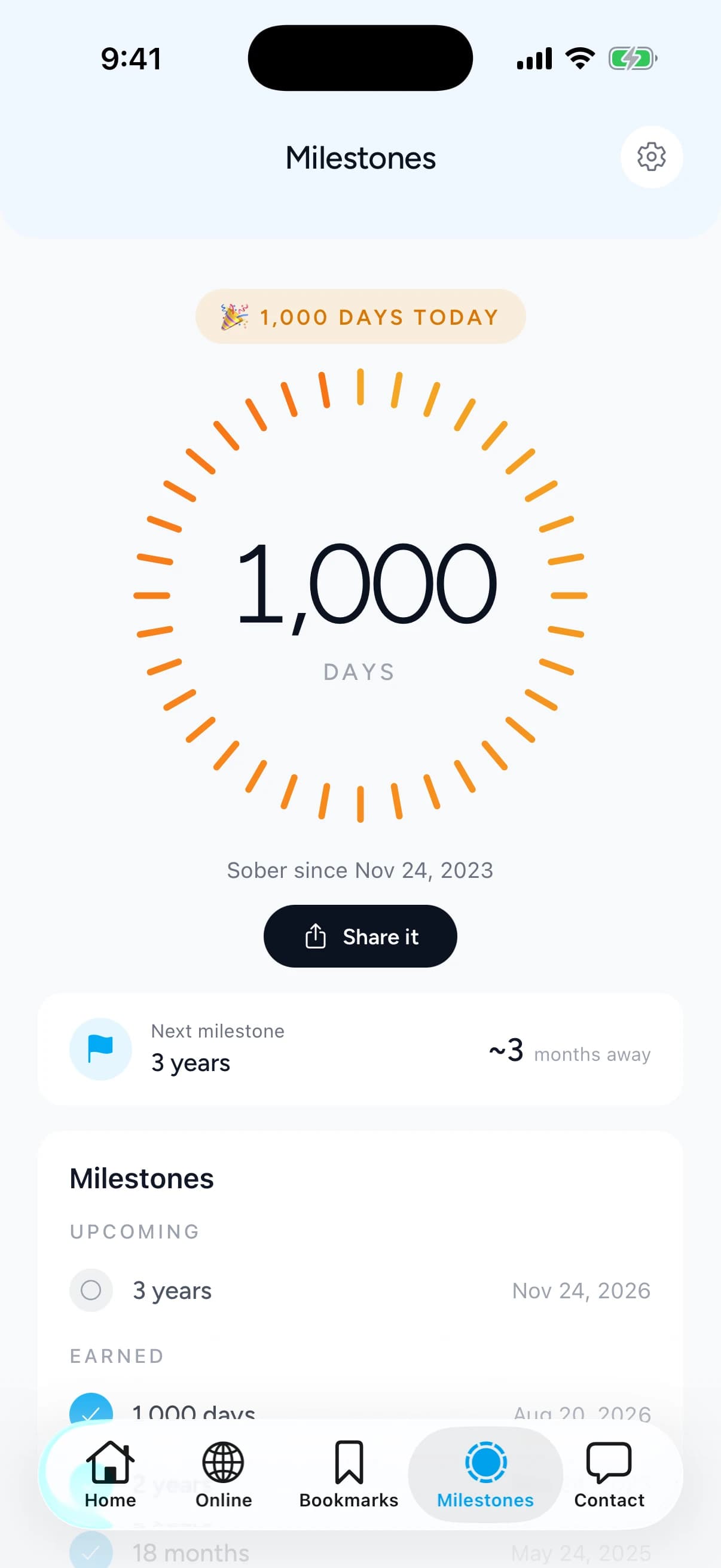 LastHouse Milestones screen celebrating 1,000 days with a gold ring