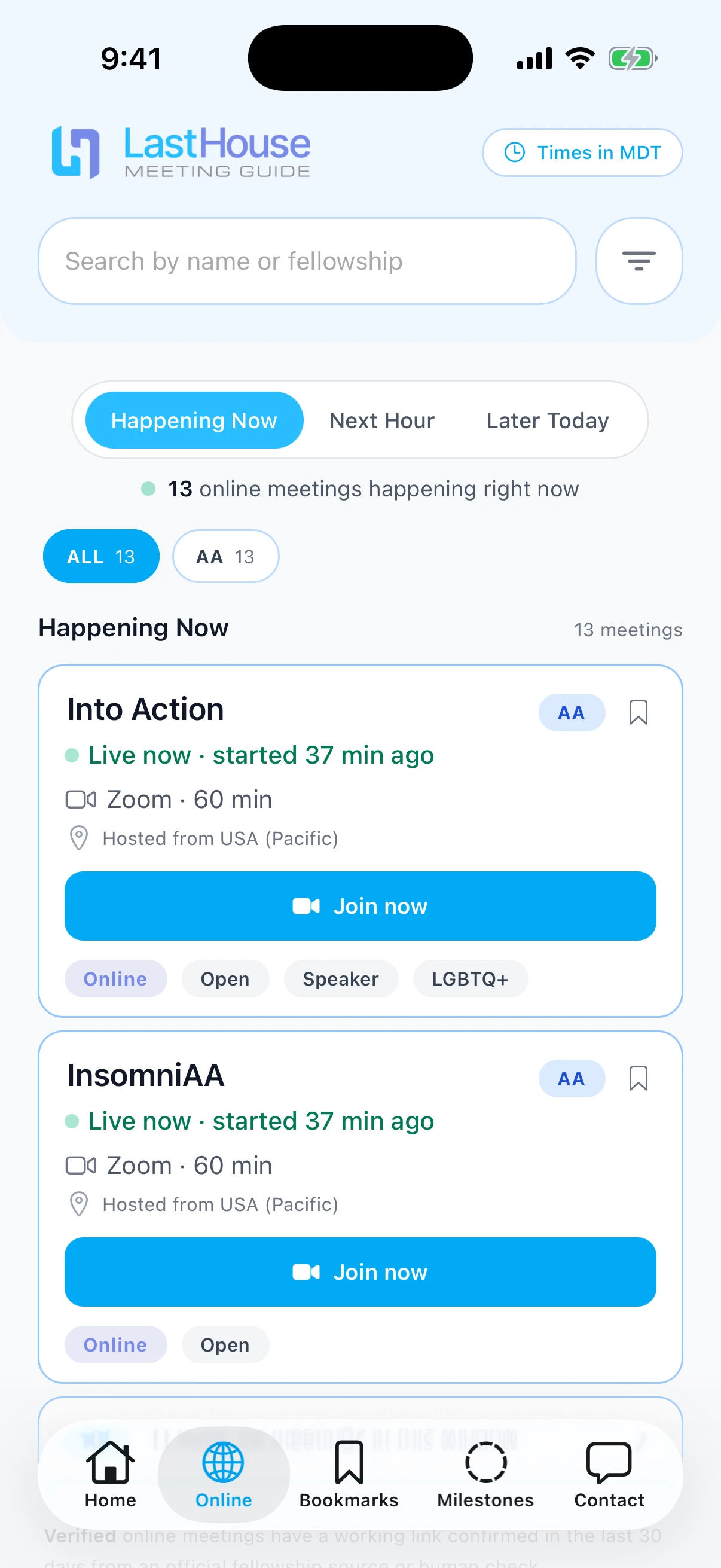 LastHouse Online tab showing meetings happening now
