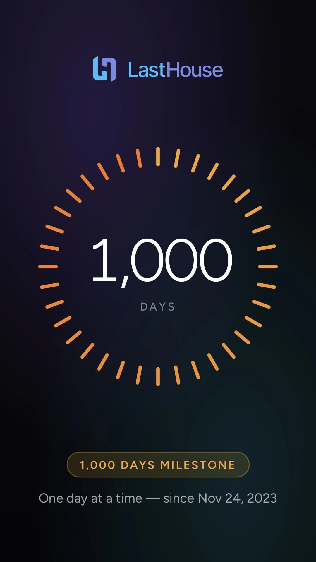 A LastHouse milestone card reading 1,000 days with a gold ring
