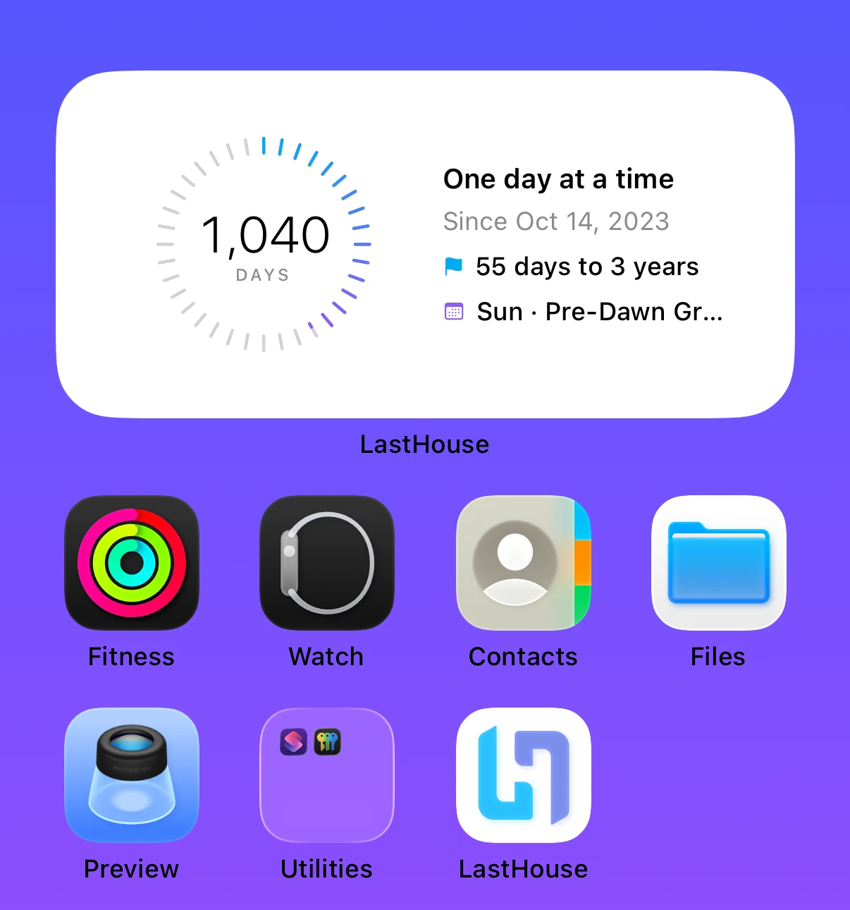 LastHouse widget on an iPhone Home Screen showing 1,040 days and the next saved meeting