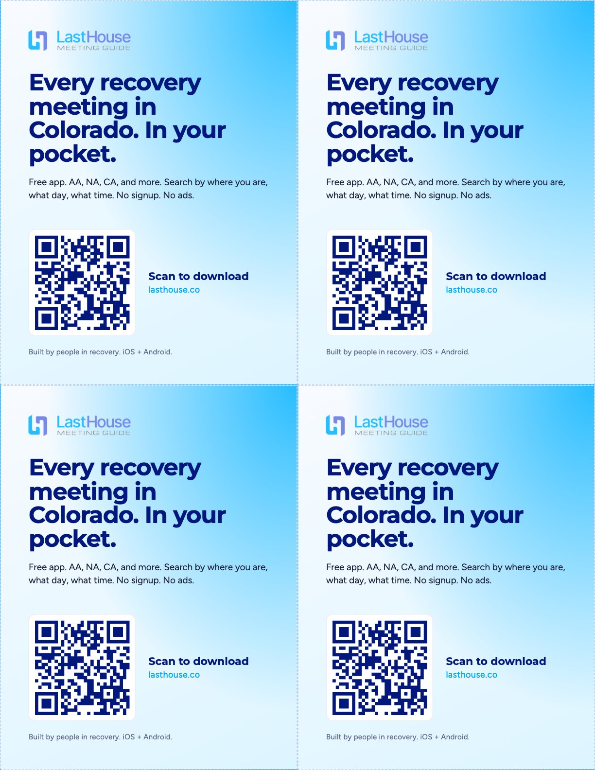 Four matching LastHouse Colorado take-home cards on one letter sheet, each with a QR code to download the app