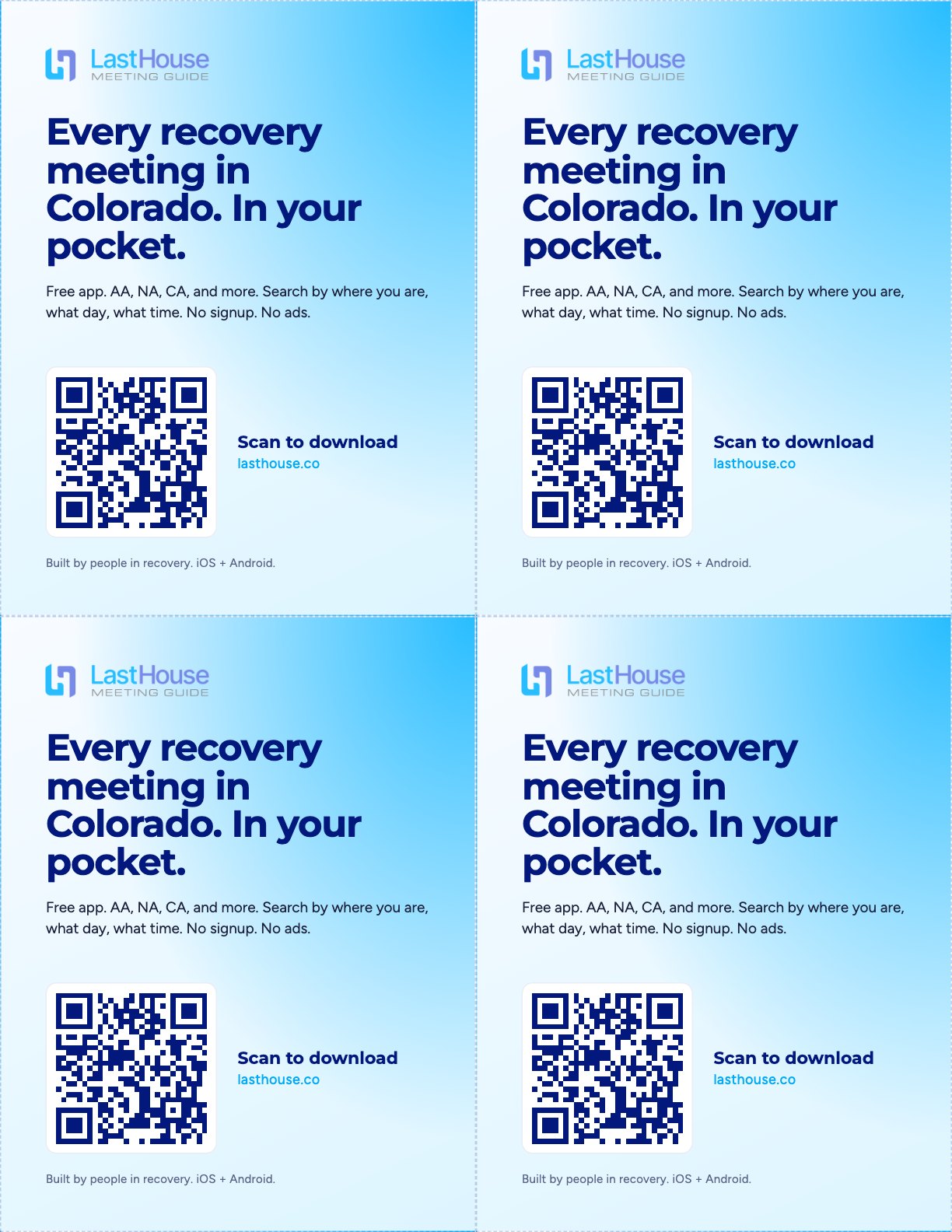 Preview of the LastHouse take-with-you cards — four matching cards on one letter sheet, each with a QR code to download the app.